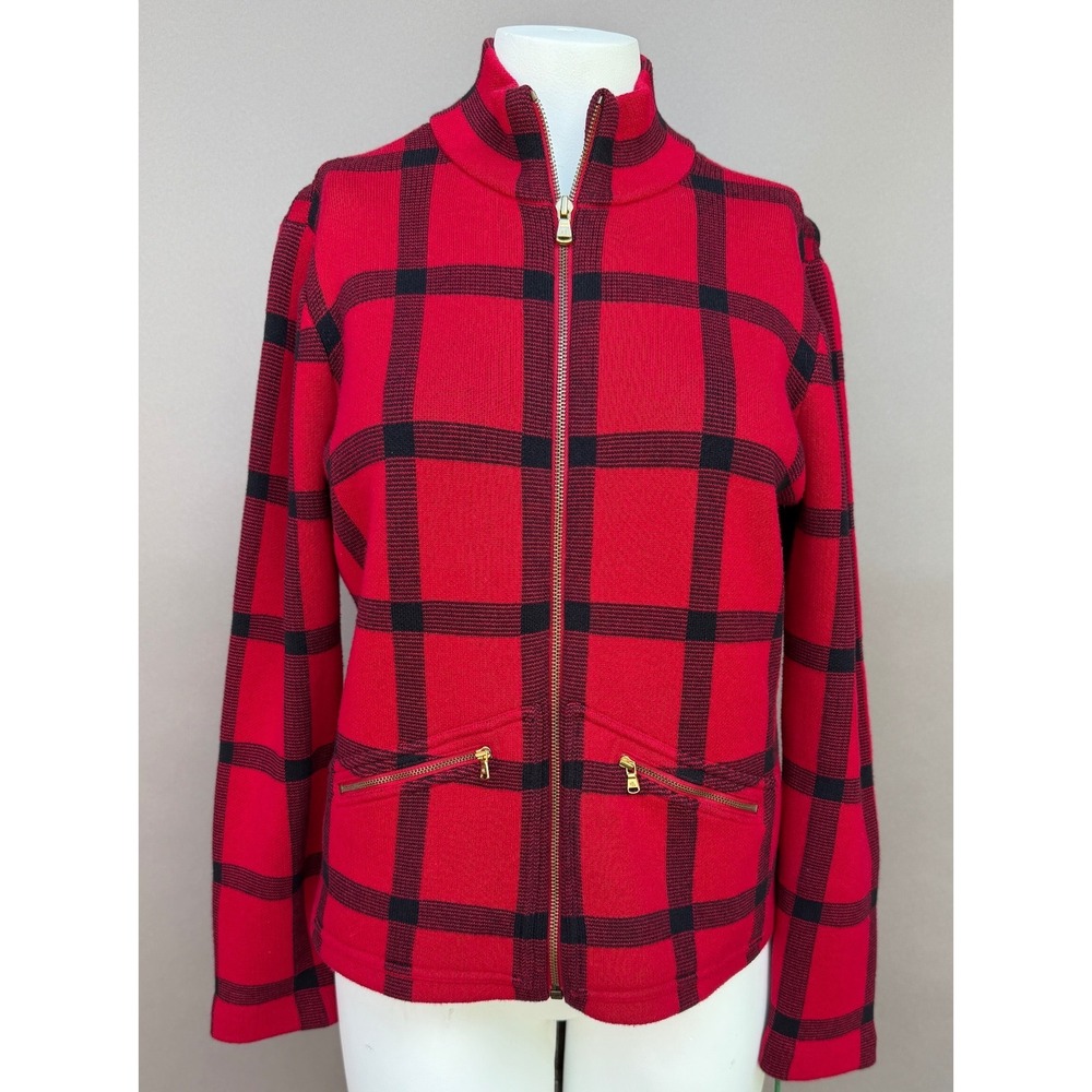 Lauren Ralph Lauren Petite Large Red Black Plaid Cotton Full Zip Cardigan Jacket